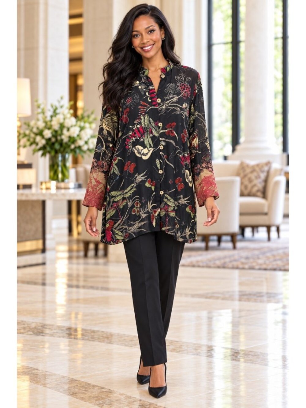 Citron Santa Monica Silk Floral & Dragonfly Button-Up Blouse Womens Large Black